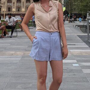TS Dixin Striped High Waisted Pleated Front Shorts Blue 2 Preppy Classic Casual